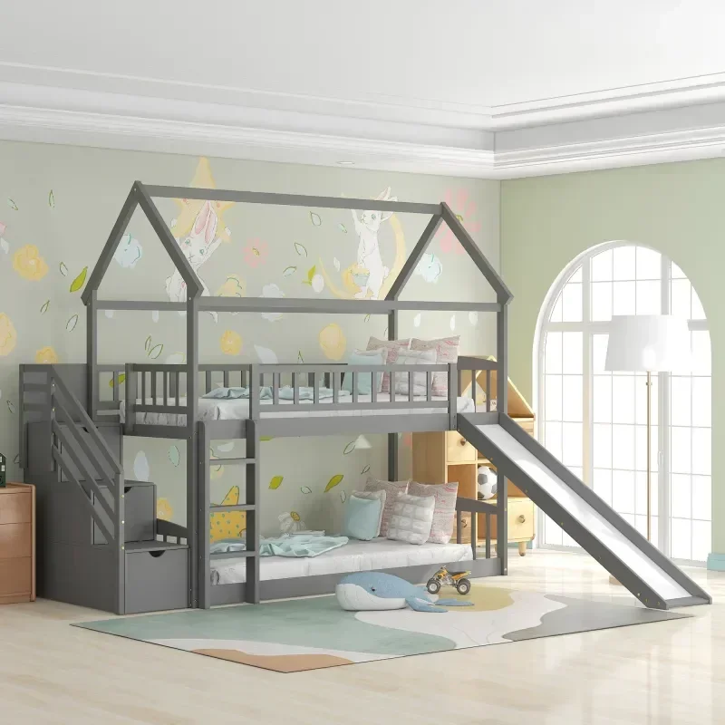 Solid wood children's double b - Bunk Bed With Stairs And Slide 评论和价格