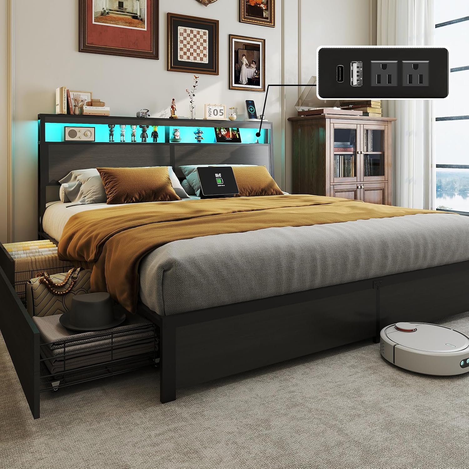 King Size Bed Frame with LED L - King Size Bed Frame With Storage Drawers 评论和价格