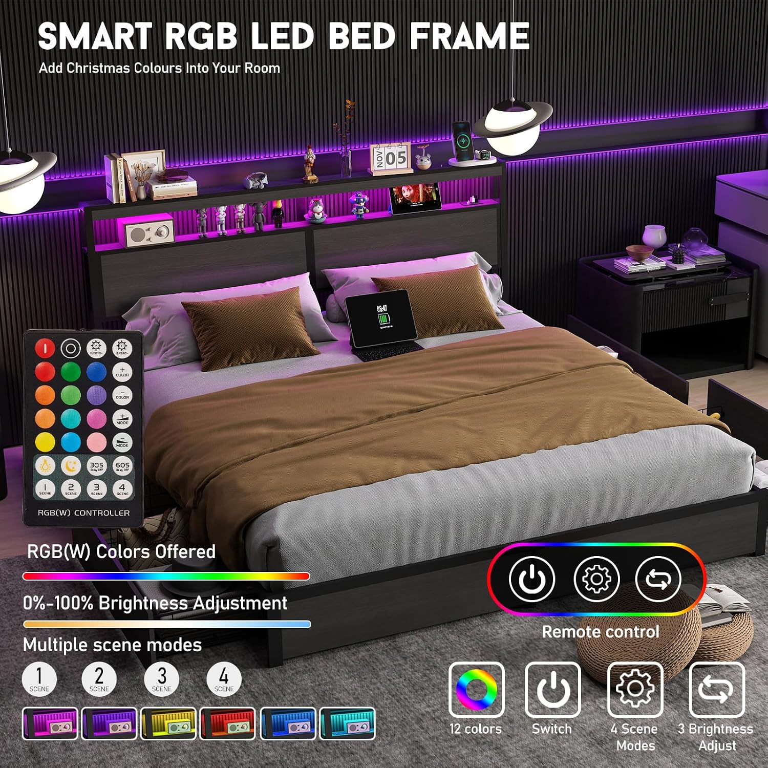 King Size Bed Frame with LED L - King Size Bed Frame With Storage Drawers 评论和价格